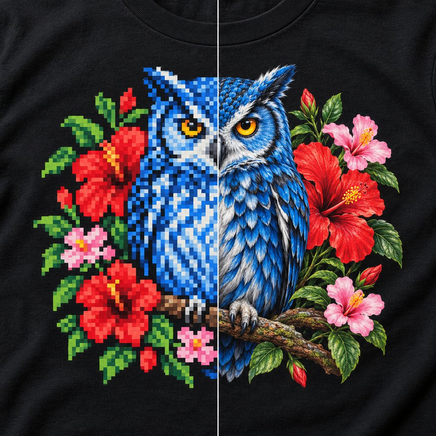The same print shown low resolution and blocky next to high resolution and smooth
