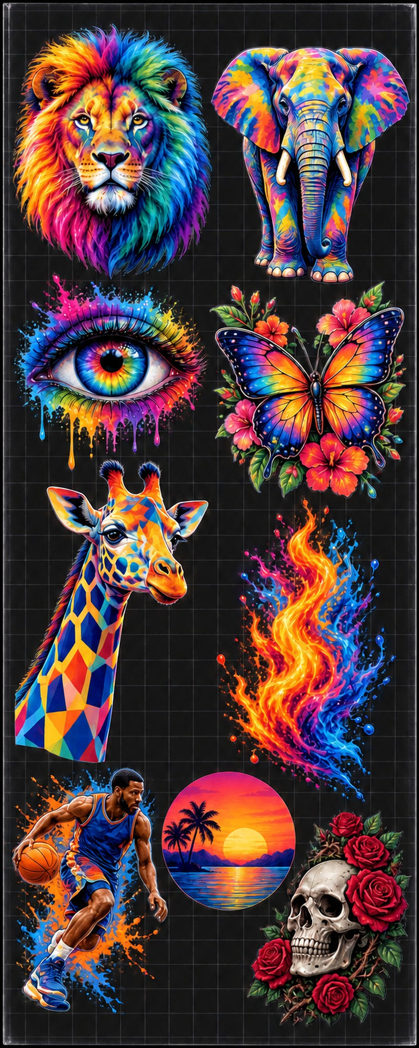 A DTF gang sheet packed with colorful designs