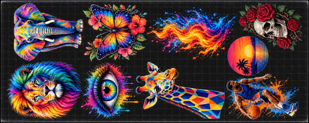 A DTF gang sheet packed with colorful designs