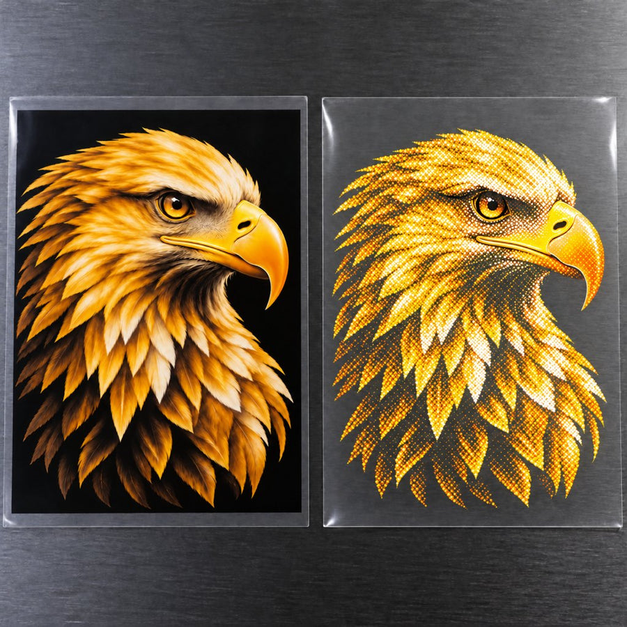 Two transfer films, one with a black box printed and one with the black left clear